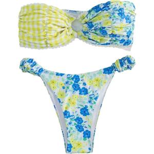 imageSHENHE Womens 2 Piece Bikini Set Summer Solid Ring Strapless Textured BathingsuitYellow