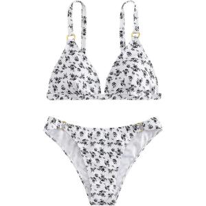 imageSHENHE Womens 2 Piece Floral High Cut Ring Linked Triangle Bikini Swimsuit Bathing SuitWhite and Black