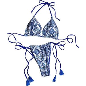 imageSHENHE Womens 2 Piece Print Triangle Bikini Sets Tassel Decor Halter Swimsuit Bathing SuitTassel Blue White