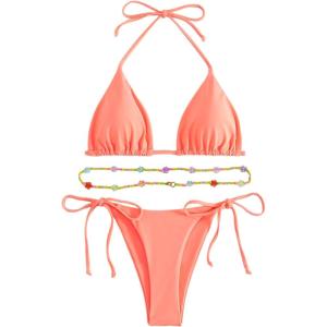 imageSHENHE Womens 2 Piece Sexy Bikini Sets Halter Tie Side Triangle SwimsuitsBeaded Coral Pink