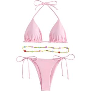 imageSHENHE Womens 2 Piece Sexy Bikini Sets Halter Tie Side Triangle SwimsuitsBeaded Light Pink