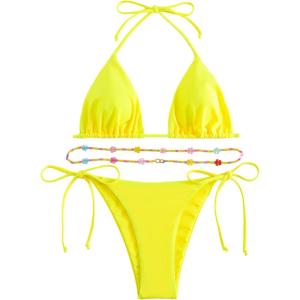 imageSHENHE Womens 2 Piece Sexy Bikini Sets Halter Tie Side Triangle SwimsuitsBeaded Yellow