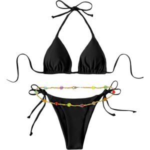 imageSHENHE Womens 2 Piece Sexy Bikini Sets Halter Tie Side Triangle SwimsuitsBlack Solid