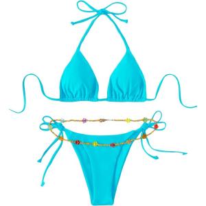imageSHENHE Womens 2 Piece Sexy Bikini Sets Halter Tie Side Triangle SwimsuitsBlue Solid