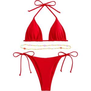 imageSHENHE Womens 2 Piece Sexy Bikini Sets Halter Tie Side Triangle SwimsuitsRed Solid