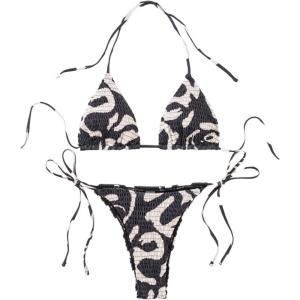 imageSHENHE Womens 2 Piece Smocked Triangle Bikini Sets Halter Drawstring Side Cute SwimsuitsBlack and Apricot