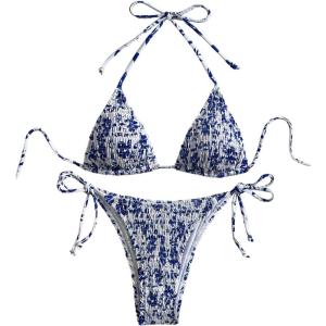 imageSHENHE Womens 2 Piece Smocked Triangle Bikini Sets Halter Drawstring Side Cute SwimsuitsFloral Blue White