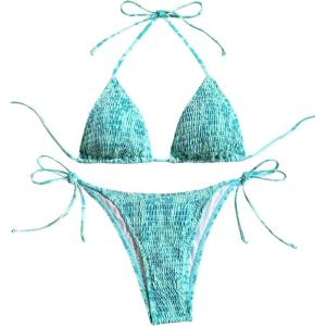 imageSHENHE Womens 2 Piece Smocked Triangle Bikini Sets Halter Drawstring Side Cute SwimsuitsFloral Mint Blue