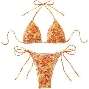 imageSHENHE Womens 2 Piece Smocked Triangle Bikini Sets Halter Drawstring Side Cute SwimsuitsFloral Orange
