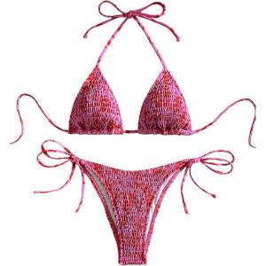 imageSHENHE Womens 2 Piece Smocked Triangle Bikini Sets Halter Drawstring Side Cute SwimsuitsFloral Pink
