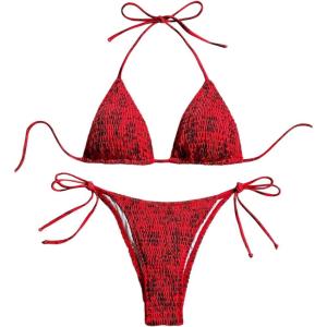 imageSHENHE Womens 2 Piece Smocked Triangle Bikini Sets Halter Drawstring Side Cute SwimsuitsFloral Red