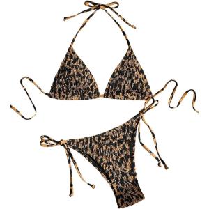 imageSHENHE Womens 2 Piece Smocked Triangle Bikini Sets Halter Drawstring Side Cute SwimsuitsMulticolor Brown