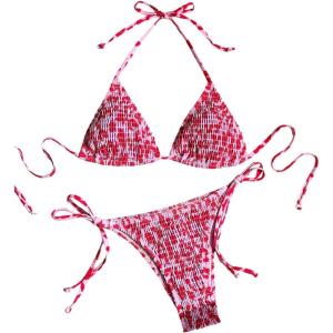 imageSHENHE Womens 2 Piece Smocked Triangle Bikini Sets Halter Drawstring Side Cute SwimsuitsMulticolor Pink