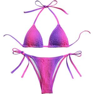 imageSHENHE Womens 2 Piece Smocked Triangle Bikini Sets Halter Drawstring Side Cute SwimsuitsOmbre Purple Pink