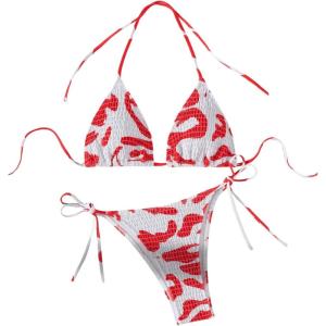 imageSHENHE Womens 2 Piece Smocked Triangle Bikini Sets Halter Drawstring Side Cute SwimsuitsRed and White