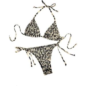 imageSHENHE Womens 2 Piece Smocked Triangle Bikini Sets Halter Drawstring Side Cute SwimsuitsSmocked Black Khaki