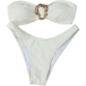 imageSHENHE Womens 2 Piece Strapless Swimsuits High Cut Metal Ring Tube Top Bandeau Bikini SetBeige