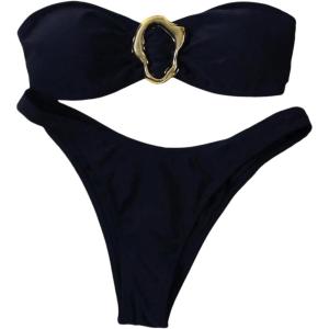 imageSHENHE Womens 2 Piece Strapless Swimsuits High Cut Metal Ring Tube Top Bandeau Bikini SetBlack