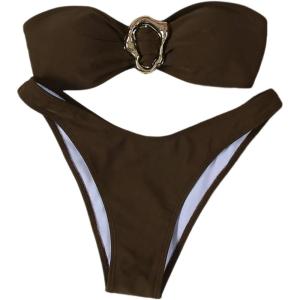 imageSHENHE Womens 2 Piece Strapless Swimsuits High Cut Metal Ring Tube Top Bandeau Bikini SetBrown
