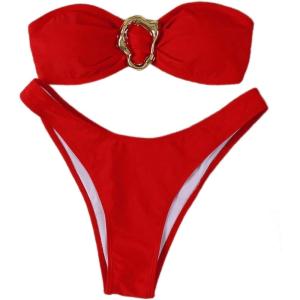 imageSHENHE Womens 2 Piece Strapless Swimsuits High Cut Metal Ring Tube Top Bandeau Bikini SetRed