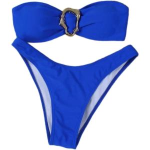 imageSHENHE Womens 2 Piece Strapless Swimsuits High Cut Metal Ring Tube Top Bandeau Bikini SetRoyal Blue
