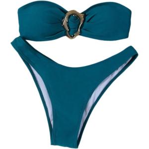 imageSHENHE Womens 2 Piece Strapless Swimsuits High Cut Metal Ring Tube Top Bandeau Bikini SetTeal Blue