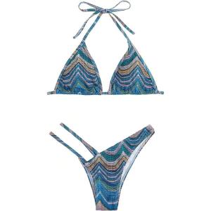 imageSHENHE Womens 2 Piece Striped Triangle Bikini Sets High Cut Halter Swimsuit Bathing SuitBlue