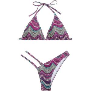 imageSHENHE Womens 2 Piece Striped Triangle Bikini Sets High Cut Halter Swimsuit Bathing SuitPurple