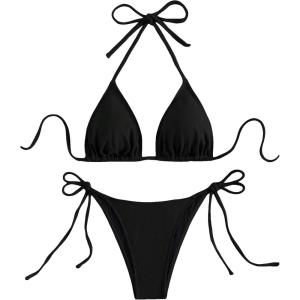 imageSHENHE Womens 2 Piece Swimsuit Solid Color Halter Triangle Tie Side Bikini SetSolid Black