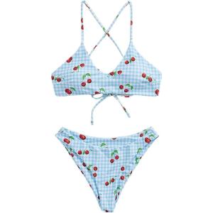 imageSHENHE Womens Floral Bikini Set 2 Piece Criss Cross Tie Back Low Rise Boho SwimsuitsBlue Cherry Gingham