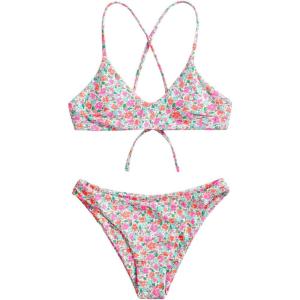 imageSHENHE Womens Floral Bikini Set 2 Piece Criss Cross Tie Back Low Rise Boho SwimsuitsPink Green Multi