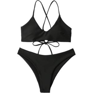 imageSHENHE Womens Floral Bikini Set 2 Piece Criss Cross Tie Back Low Rise Boho SwimsuitsSolid Black