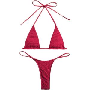 imageSHENHE Womens Halter Micro Triangle Thong Bikini Tie Side 2 Piece Swimsuit Bathing SuitsBright Pink