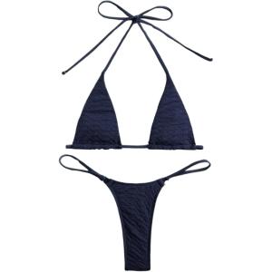 imageSHENHE Womens Halter Micro Triangle Thong Bikini Tie Side 2 Piece Swimsuit Bathing SuitsDark Blue B