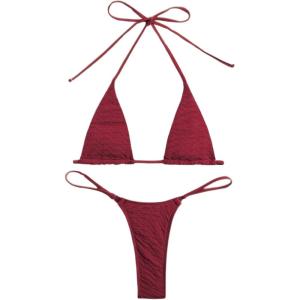 imageSHENHE Womens Halter Micro Triangle Thong Bikini Tie Side 2 Piece Swimsuit Bathing SuitsDeep Red