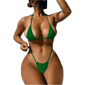 imageSHENHE Womens Halter Micro Triangle Thong Bikini Tie Side 2 Piece Swimsuit Bathing SuitsGreen