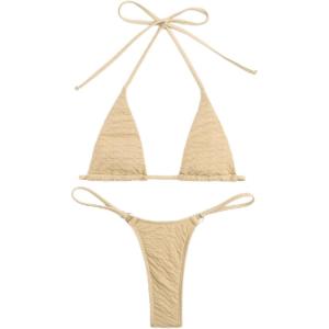 imageSHENHE Womens Halter Micro Triangle Thong Bikini Tie Side 2 Piece Swimsuit Bathing SuitsKhaki