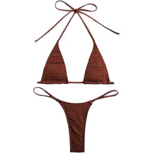 imageSHENHE Womens Halter Micro Triangle Thong Bikini Tie Side 2 Piece Swimsuit Bathing SuitsRust Brown
