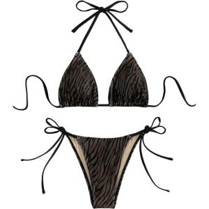 imageSHENHE Womens Halter Tie Side Triangle Bikini Set 2 Piece Bikini Swimsuit Bathing SuitsZebra Print Black