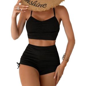 imageSHENHE Womens Tie Dye Tankini Swimsuits High Waisted Tummy Control Bikini SetsBlack Solid