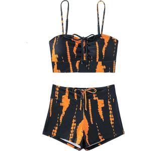 imageSHENHE Womens Tie Dye Tankini Swimsuits High Waisted Tummy Control Bikini SetsBlack and Orange