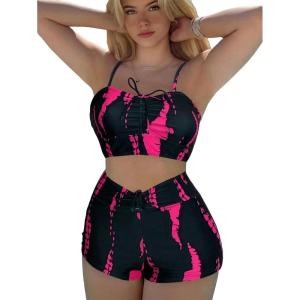 imageSHENHE Womens Tie Dye Tankini Swimsuits High Waisted Tummy Control Bikini SetsBlack and Pink
