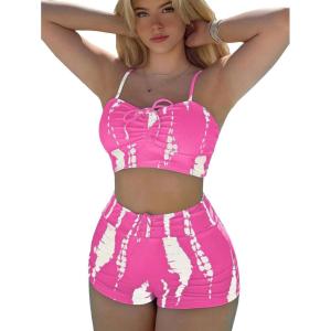 imageSHENHE Womens Tie Dye Tankini Swimsuits High Waisted Tummy Control Bikini SetsPink and White