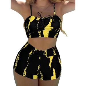 imageSHENHE Womens Tie Dye Tankini Swimsuits High Waisted Tummy Control Bikini SetsYellow Black