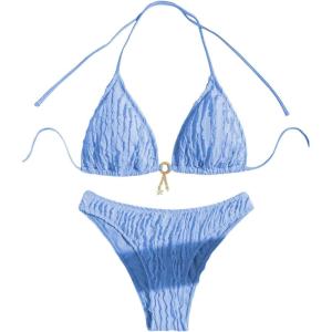 imageSHENHE Womens Two Piece Bikini Set Tie Back Textured Cheeky Halter Swimsuits SwimwearBlue