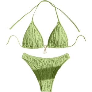 imageSHENHE Womens Two Piece Bikini Set Tie Back Textured Cheeky Halter Swimsuits SwimwearLime Green