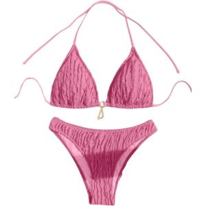 imageSHENHE Womens Two Piece Bikini Set Tie Back Textured Cheeky Halter Swimsuits SwimwearPink