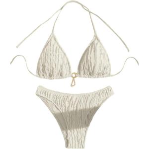 imageSHENHE Womens Two Piece Bikini Set Tie Back Textured Cheeky Halter Swimsuits SwimwearWhite