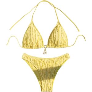 imageSHENHE Womens Two Piece Bikini Set Tie Back Textured Cheeky Halter Swimsuits SwimwearYellow