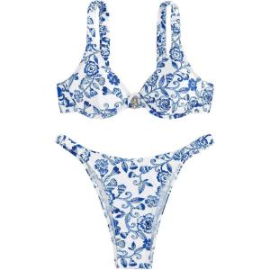 imageSHENHE Womens Underwire Bikini Sets 2 Piece Floral Push Up Bikini and High Cut Thong Cheeky Brazilian SwimsuitBlue and White